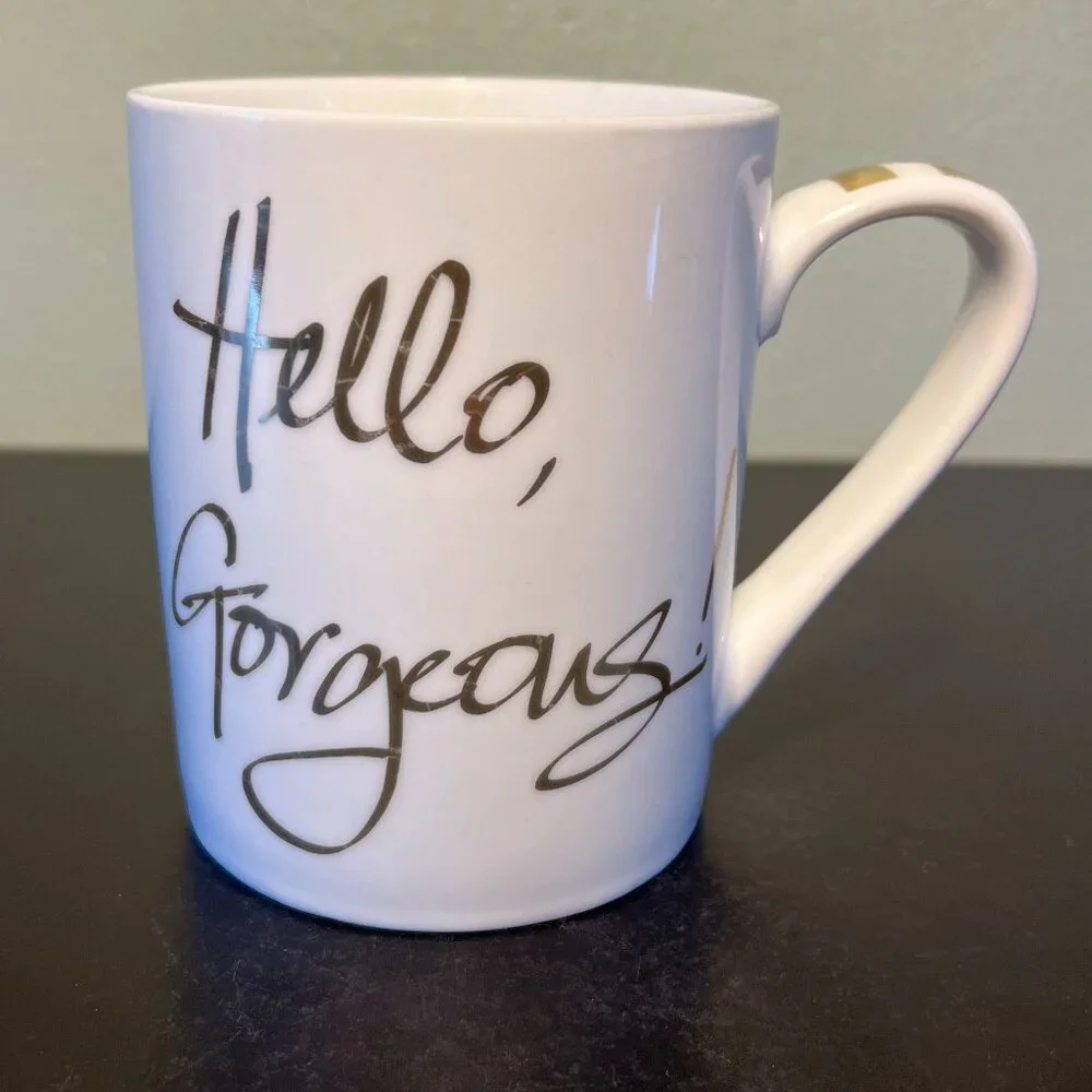 Pier 1 Hello Gorgeous Gold Ceramic Coffee Mug 14oz White Metallic Script